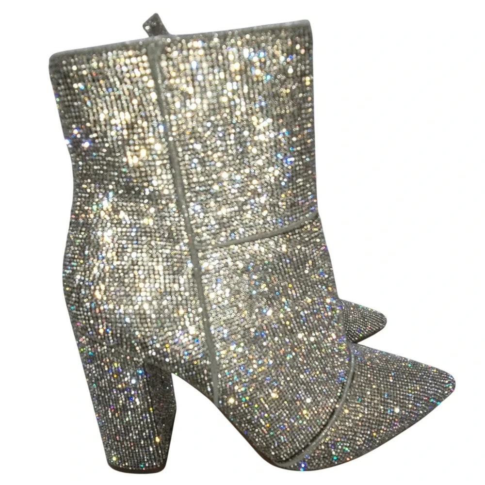 Steve Madden Noticed-R Rhinestone Silver Ankle Boots Pointed Toe Block Heel 8